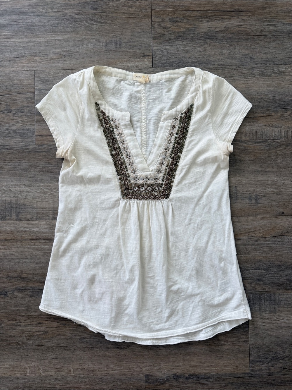 Anthropologie Cream Boho Embroidered V-Neck Tunic